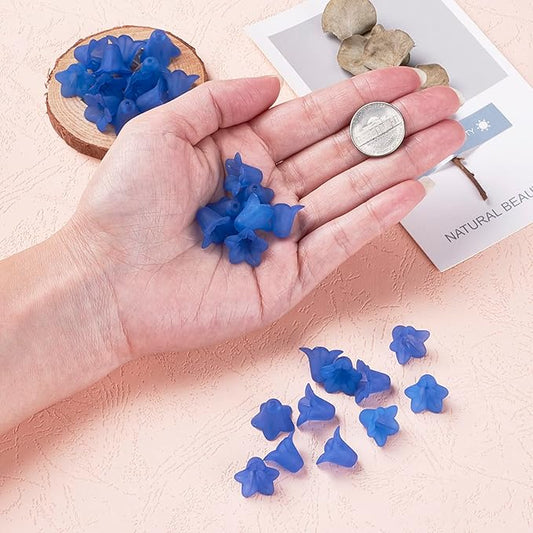Crafans 50Pcs Blue Acrylic Flower Beads Frosted Floral Bead Caps Trumpet Flower Jewelry End Caps Loose Tulip Bell Spacer Bead Stopper for Crafts DIY Jewelry Making Supplies