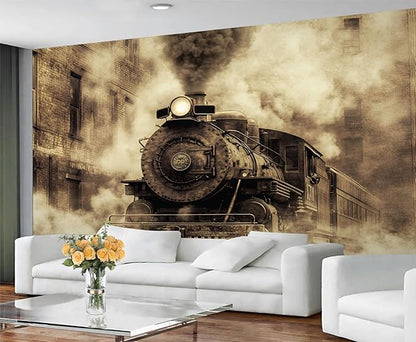 Vintage Steam Train Wall Mural, Industrial Train Engine 3D Wall Murals, Retro Railway Steam Engine Wallpaper Mural, for Living Room Bedroom Large Wallpaper Indoor Decor 177.16" W x120 H