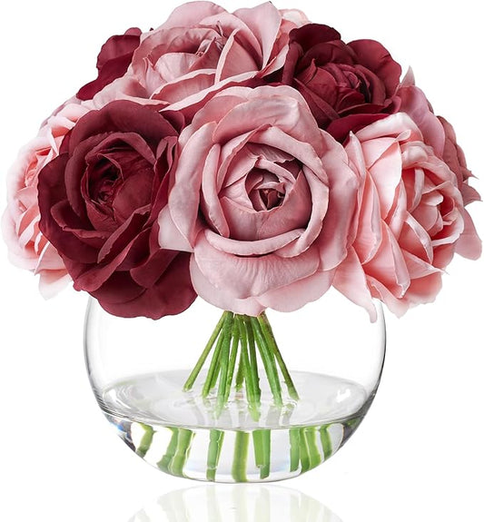WELL KNOWN Silk Rose Artificial Flowers with Vase Artificial Rose Flower Arrangements in Round Bowl Vase with Faux Water for Home Table Decoration (Burgundy & Dusty Rose)