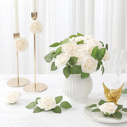 DerBlue 60pcs Artificial Roses Flowers Real Looking Fake Roses Artificial Foam Roses Decoration DIY for Wedding,Arrangements Party Home Decorations