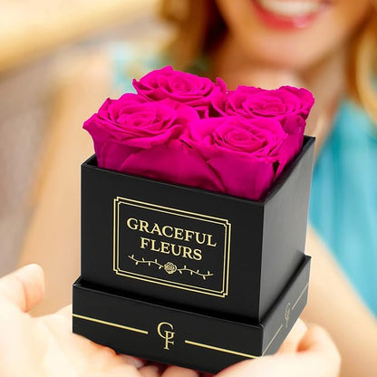 Graceful Fleurs | Real Long Lasting Roses for Years | Preserved Fresh Flowers for Delivery Birthday | Birthday Gifts for Women | Forever Roses in a Box (Radiant Pink, Black Box, 4 Roses)