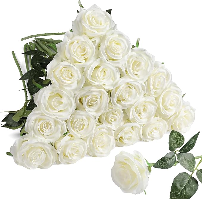 Nubry 24pcs Artificial Silk Roses Bulk,Fake Roses Flower with Stems Realistic Flowers for Wedding Centerpiece Home Party Decor(White)