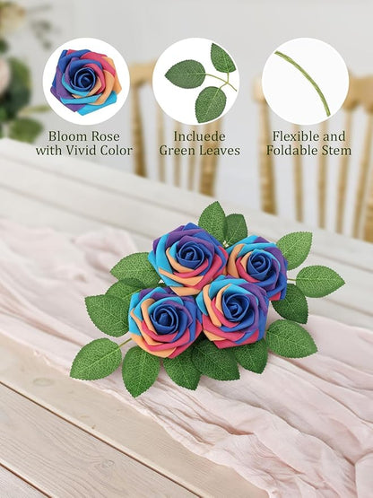 MACTING Artificial Rose Flowers 60PCS Real Looking Foam Fake Roses Rainbow Fake Flowers with Stem for DIY Wedding Bouquets Baby Shower Centerpieces Party Tables Home Spring Mothers Day Decorations