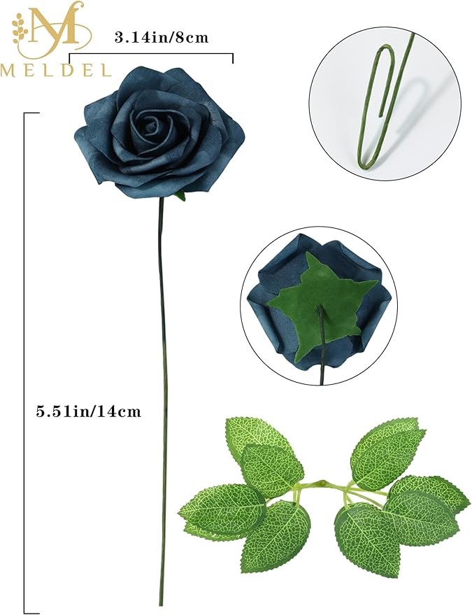 Meldel Artificial Flowers 25pcs Real Looking Dutch Blue Dusty Blue Foam Fake Roses with Stems for DIY Wedding Bouquets Bridal Shower Centerpieces Floral Arrangements Home Decorations