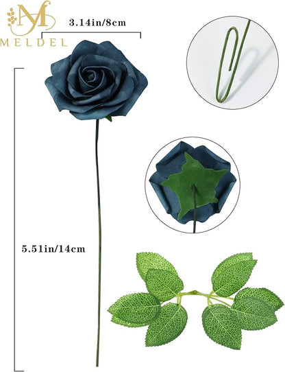 Meldel Artificial Flowers 25pcs Real Looking Dutch Blue Dusty Blue Foam Fake Roses with Stems for DIY Wedding Bouquets Bridal Shower Centerpieces Floral Arrangements Home Decorations