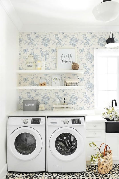 Cream White and Blue Peel and Stick Wallpaper Vintage Floral Contact Paper 16.9"x 118.1" Blue Floral Wallpaper Peel and Stick Birds Self Adhesive Removable Wall Paper for Bedroom Bathroom
