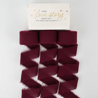 MEEDEE Burgundy Chiffon Ribbon 1 Inch Fringe Ribbons Dark Red Chiffon Silk Frayed Burgundy Ribbon Thin Chiffon Ribbons for Crafts, Gift Wrapping, Wedding Invitation (3 Rolls 21 Yards)