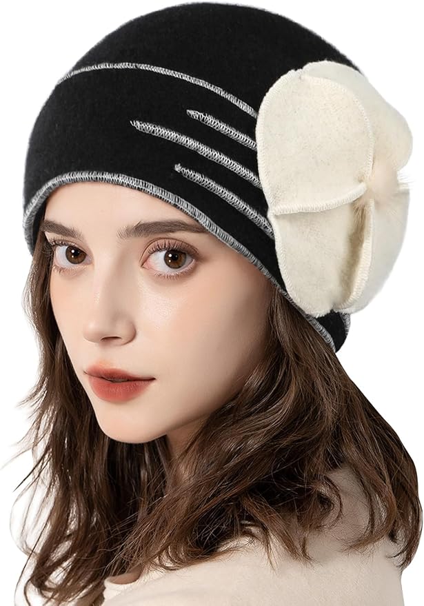 Sumolux Beanie Hats for Women Wool Skull Cap Beret Floral Cuffed French Vintage Dress Cloche Classic Winter 1920s