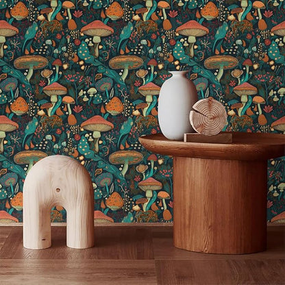 Dark Green/Brown/Teal Blue Mystical Forest Mushroom Peel and Stick Wallpaper Easy Peel Off Contact Paper Stick on Adhesive Wall Paper for Bathroom Waterproof Renter Friendly