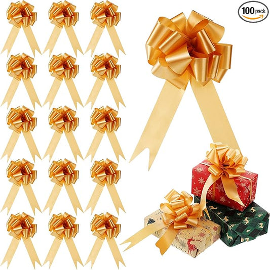 Yilloog 100 Pcs 5 Inch Christmas Pull Bows for Gift Wrapping, Gift Wrapping Pull Bows with Ribbon for Christmas Presents Wedding Decor Basket Bag Holiday Decor(Gold)
