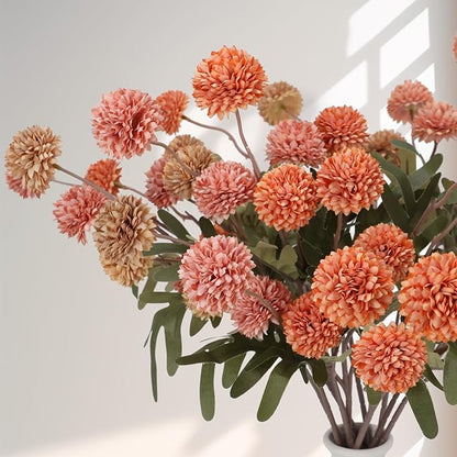 Geegoods 10 Stems Silk Pompon Mum Artificial Flowers with 2 Eucalyptus – 21’’ Long Stem Faux Chrysanthemums for Vase Arrangements, Rustic Farmhouse Fall Centerpieces & Autumn Décor