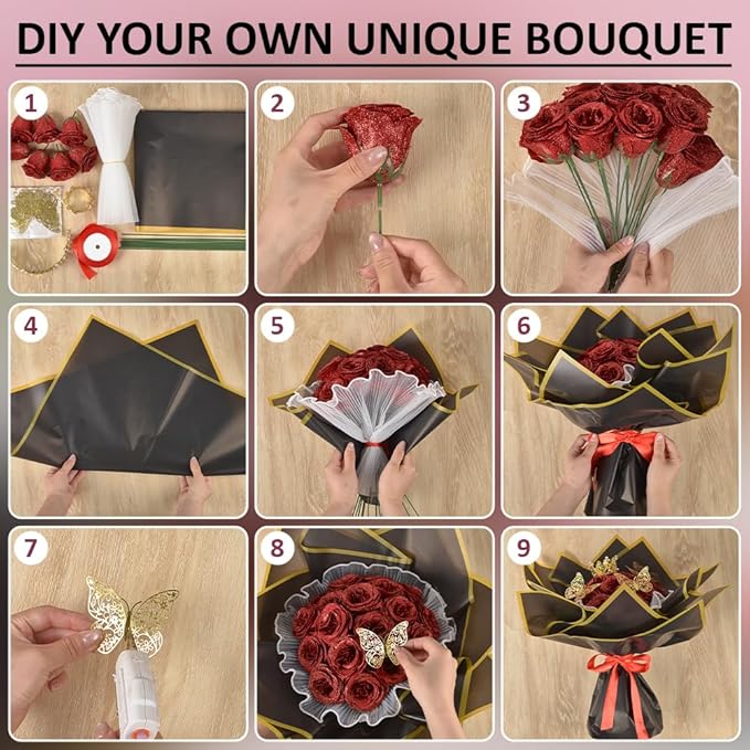 BENECREAT 40Sets DIY Flower Bouquet Kit with Glitter Artificial Roses, Flower Wrapping Paper, 3D Butterflies, Crowns and Stems for Anniversary Weddings Graduation Home Decor
