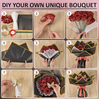 BENECREAT 40Sets DIY Flower Bouquet Kit with Glitter Artificial Roses, Flower Wrapping Paper, 3D Butterflies, Crowns and Stems for Anniversary Weddings Graduation Home Decor