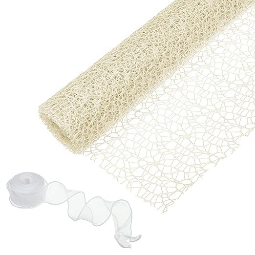 PATIKIL Flower Wrapping Mesh Paper, 15ft Floral Bouquet Craft Packaging Hollow Net Yarn with Ribbon for Flowers Gift Packaging, Cream White