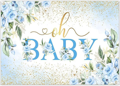 Mocsicka Oh Baby Backdrop Blue Floral Baby Shower Banner for Boys Party Decorations Photo Booth Props (Blue, 8x6ft)