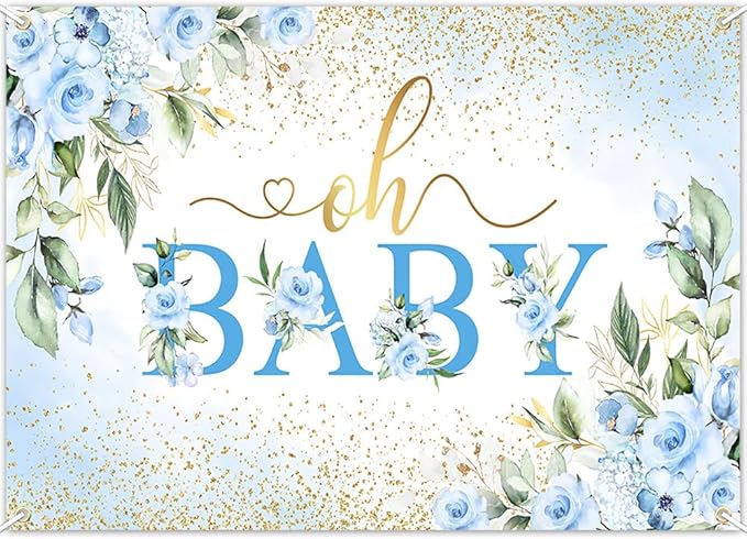 Mocsicka Oh Baby Backdrop Blue Floral Baby Shower Banner for Boys Party Decorations Photo Booth Props (Blue, 7x5ft)