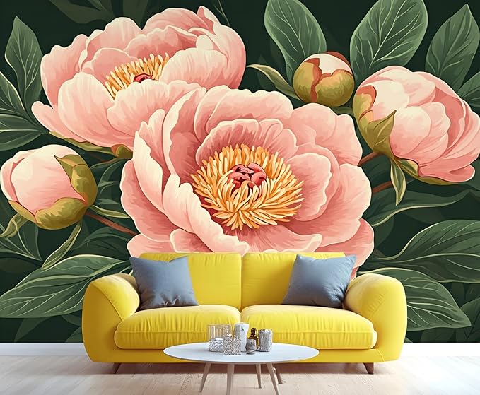 KIREUPA Peony Flower Wall Mural, Retro Pink Peony Flower 3d Wall Murals, Romantic Garden Theme Wallpaper Mural, for Living Room Bedroom Large Wallpaper Indoor Decor 78.7" W x55.1 H