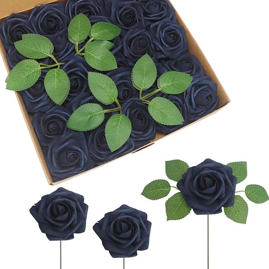 JOYLEX 50Pcs Navy Blue Artificial Flowers Realistic Roses, Real Looking Fake Roses with Stem for DIY Wedding Bouquets Centerpieces Bridal Shower Party Home Romantic Decorations (Navy Blue, 50pcs)