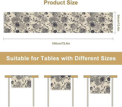 Black White Flower Table Runner,Vintage Wildflower Decor Table Runner for Home Kitchen Table Dining Indoor Outdoor Party Decor 13x36 Inch