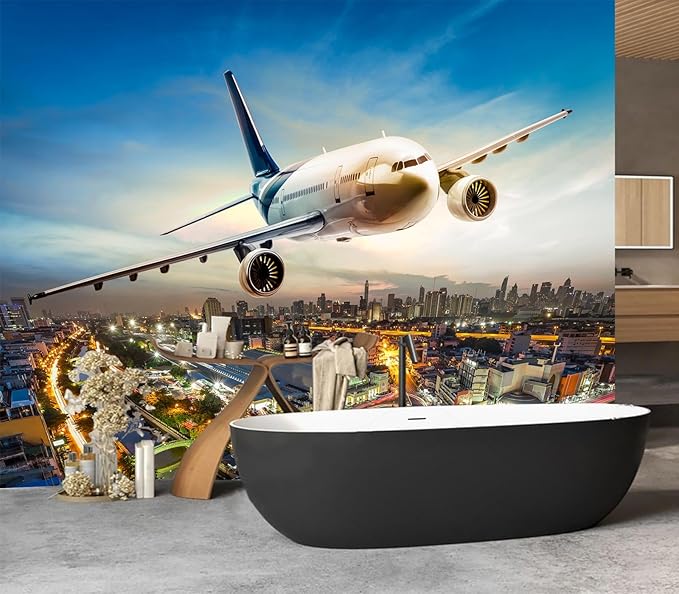 Cliouar-Airplane Flying Over The Night City Wall Mural Wallpaper Peel and Stick 160" x 114"