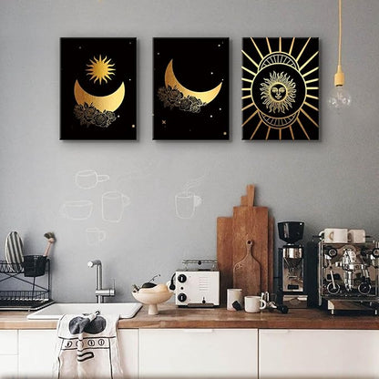 Tarot Canvas Wall Art Abstract Sun Moon Phases Floral Print Poster Black Gold Aesthetic Art Astrology Pictures Artwork Vintage Paintings Decor for Bedroom Living Room Home Decoration 12x16” Set of 3