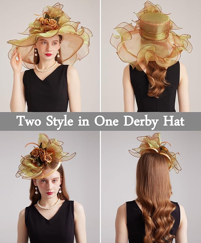 Organza Derby Hats for Women Wide Brim Fascinator Hat Rose Flower Wedding Tea Party Hat