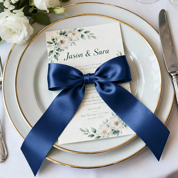 1-1/2" x 100 Yards Satin Ribbon - Wide Silk Navy Blue Ribbon with Spool - Ideal for Gift Wrapping, Floral Bouquets, Crafts, Wedding Party Decorations, Christmas and Sewing Projects