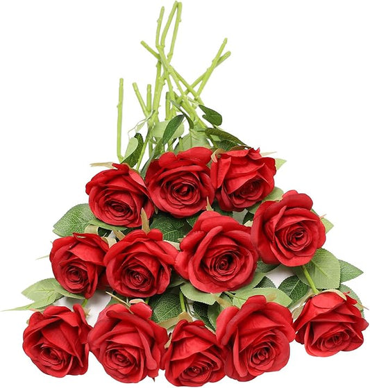 Artificial Rose Flower Artificial Flowers Flower with Long Stem Silk Roses Bouquet for Wedding Bridal Shower Party Home Decoration (Red, 12 Pcs)