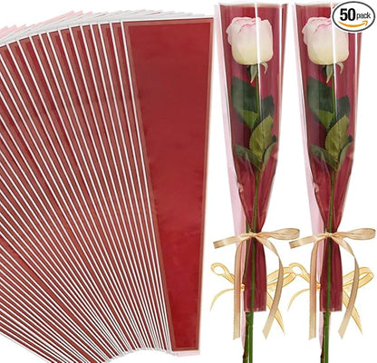 BEISHIDA 50 PCS Single Rose Sleeve Plastic Flower Wrapping Bags Cellophane Flower Sleeves for Florist Bouquet Supplies Mother's Day Valentine's Day (Red and Champagne)