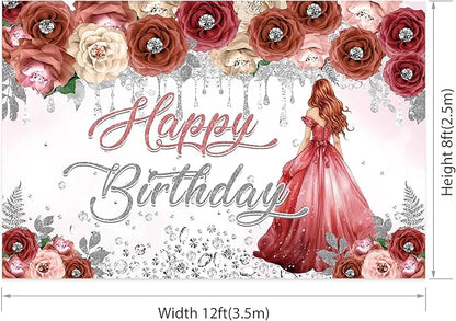 AOFOTO Happy Birthday Backdrop Red Beige Pink Rose Floral Diamond Print Photography Background for Women Girls Birthday Party Banner Home Wall Decor Photo Studio Booth Props 12x8ft