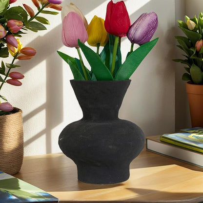 Rustic Ceramic Vase Vintage Farmhouse Style Decor, Frosted Texture Pottery for Home Decor, Modern Living Room, Office Desk Table Centerpiece(Black) 5.5IN