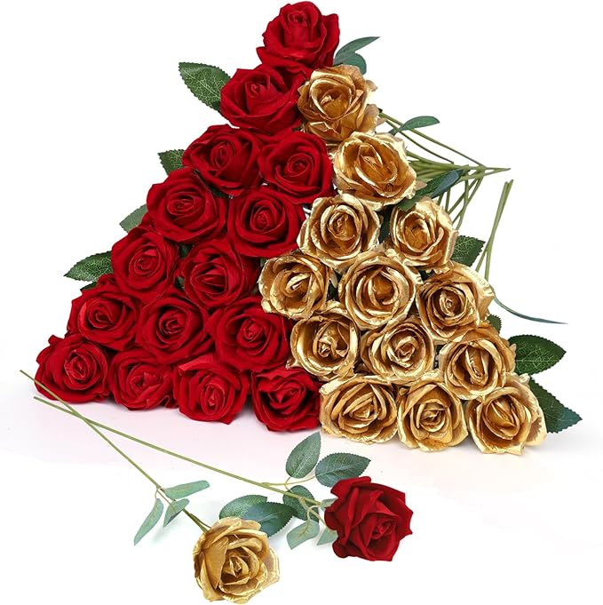 30pcs Fake Roses Artificial Silk Flowers Long Stems Bouquet for Wedding Bridal Shower Party Home Decoration (Burgundy + Gold)