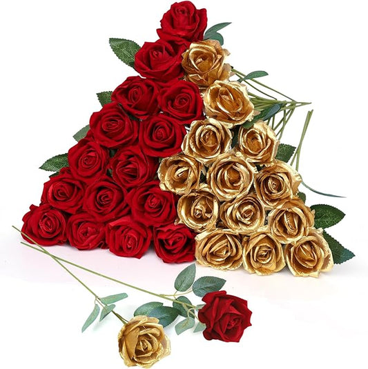 30pcs Fake Roses Artificial Silk Flowers Long Stems Bouquet for Wedding Bridal Shower Party Home Decoration (Burgundy + Gold)