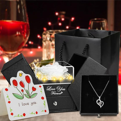 Preserved White Real Rose Eternal Flowers Rose Gifts for Mom Grandma Wife Girlfriend Gifts for Her Christmas Birthday Anniversary with I Love You Necklace