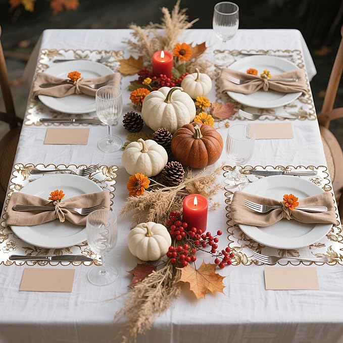 100 Pcs Brown Floral Paper Placemat Scalloped Disposable Chinoiserie Paper Table Placemats Brown Place Mats for Birthday Wedding Banquet Holiday Party