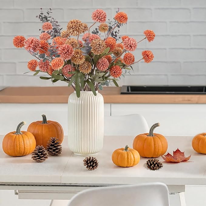 Geegoods 10 Stems Silk Pompon Mum Artificial Flowers with 2 Eucalyptus – 21’’ Long Stem Faux Chrysanthemums for Vase Arrangements, Rustic Farmhouse Fall Centerpieces & Autumn Décor