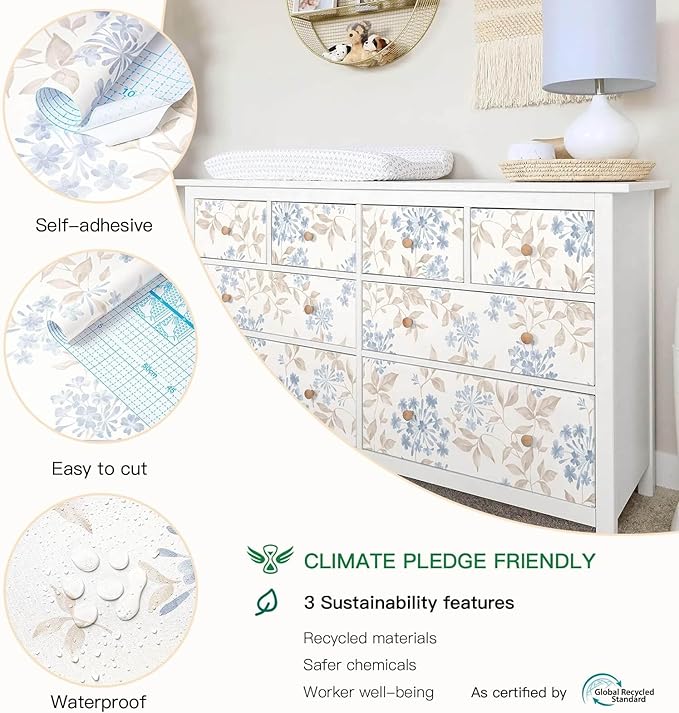Heroad Boho Floral Wallpaper Blue/Beige Peel and Stick Wallpaper Neutral Leaf Contact Paper Removable Self Adhesive Wall Paper for Cabinet Bedroom Bathroom Waterproof Decor Vinyl Roll 17.3''x78.7''