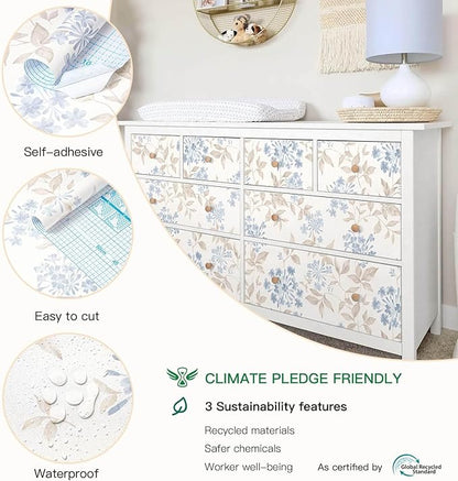 Heroad 17.3''x32.8ft Boho Floral Wallpaper Blue/Beige Peel and Stick Wallpaper Neutral Leaf Contact Paper Removable Self Adhesive Wall Paper for Cabinet Bedroom Bathroom Waterproof Decor Vinyl Roll