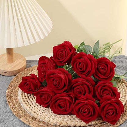 12Pcs Red Roses Artificial Flowers Fake Roses Faux Velvet Silk Flower for Home Wedding Decoration (Pearl Rose, Red)