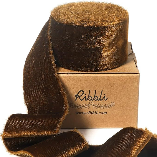 Ribbli Brown Velvet Ribbon 1.5 Inch Handmade Frayed Vintage Christmas Ribbon for Gift Wrapping Christmas Tree Ornament Wreath Craft Home Decor -3 Yards