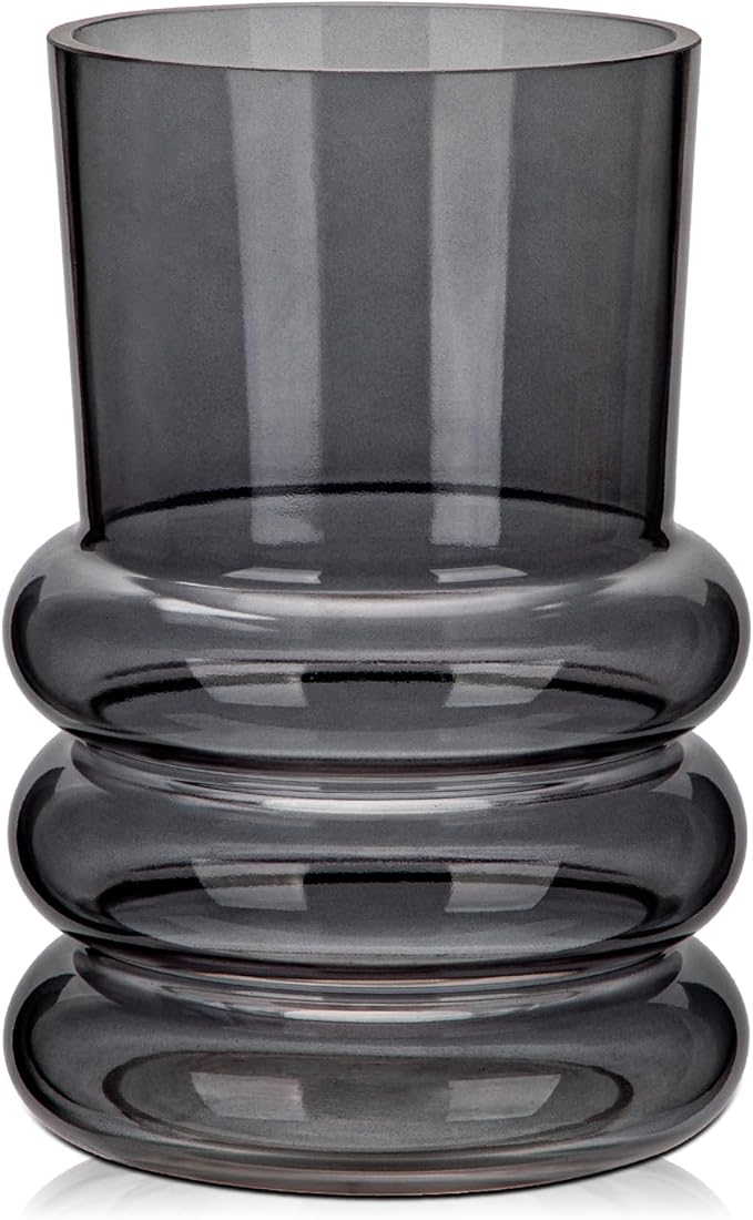 Grey Large Glass Vase for Flowers, 7" H x 4.7" W Flower Vases Decorative Wide Mouth Vase Vintage Glass Vases for Centerpieces Mantel Shelf Table Home Decor