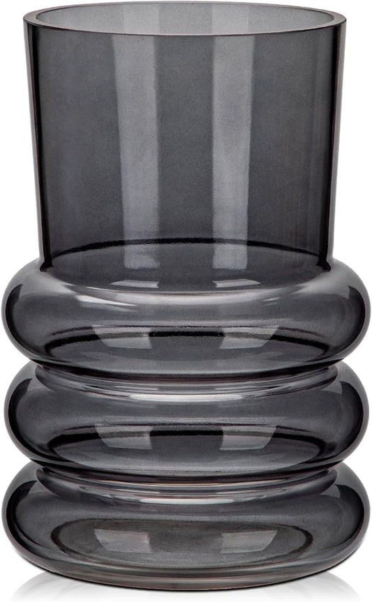 Grey Large Glass Vase for Flowers, 7" H x 4.7" W Flower Vases Decorative Wide Mouth Vase Vintage Glass Vases for Centerpieces Mantel Shelf Table Home Decor