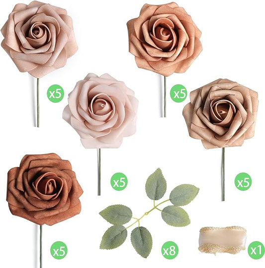 Artificial Flowers Real Looking Dusty Rose Colors Foam Fake Roses with Stems 25pcs for DIY Wedding Bridal Shower Centerpieces Tables Decorations Party
