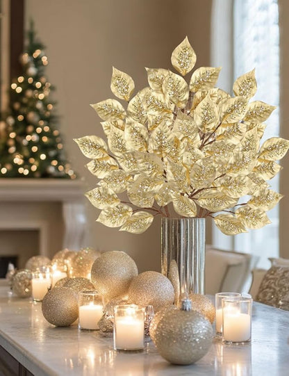 Christmas Tree Picks and Sprays 31.5" Gold Atrificial Elm Leaves with Stems 3 Pcs Christmas Picks for Tree Gold Vase Fillers Golden Leaf Decor for DIY Xmas Trees Centerpieces Wedding Bouquet Decor