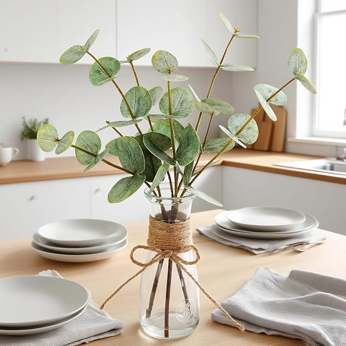 ALAGIRLS Artificial Eucalyptus Stems in Glass Vase with Faux Water,3pcs 13.77" Fake Eucalyptus Plant with Realistic Green Leaves,Plastic Plant Indoor Decor for Bathroom,Living Room,Office