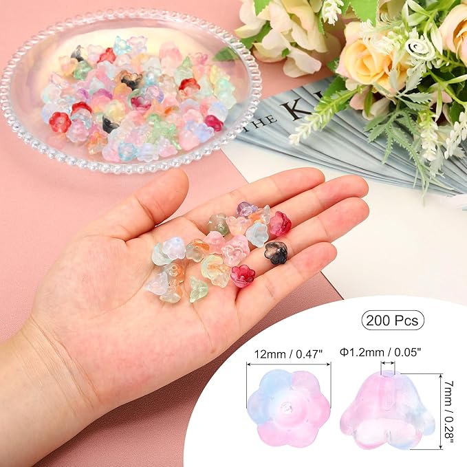 PATIKIL Glass Trumpet Flower Beads, 200 Pcs Gradient Flower Bead Charm for Jewelry Making DIY Craft, Bracelets, Earrings, Necklaces Decorations, Pink, Blue