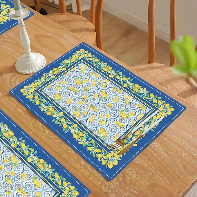 Lemon Placemats Set of 4, Farmhouse Blue Yellow Fruits Spring Summer Double-Sided Table Mats for Kitchen Dining Room Home Party Indoor Decor 4 PCS 12x18 Inch