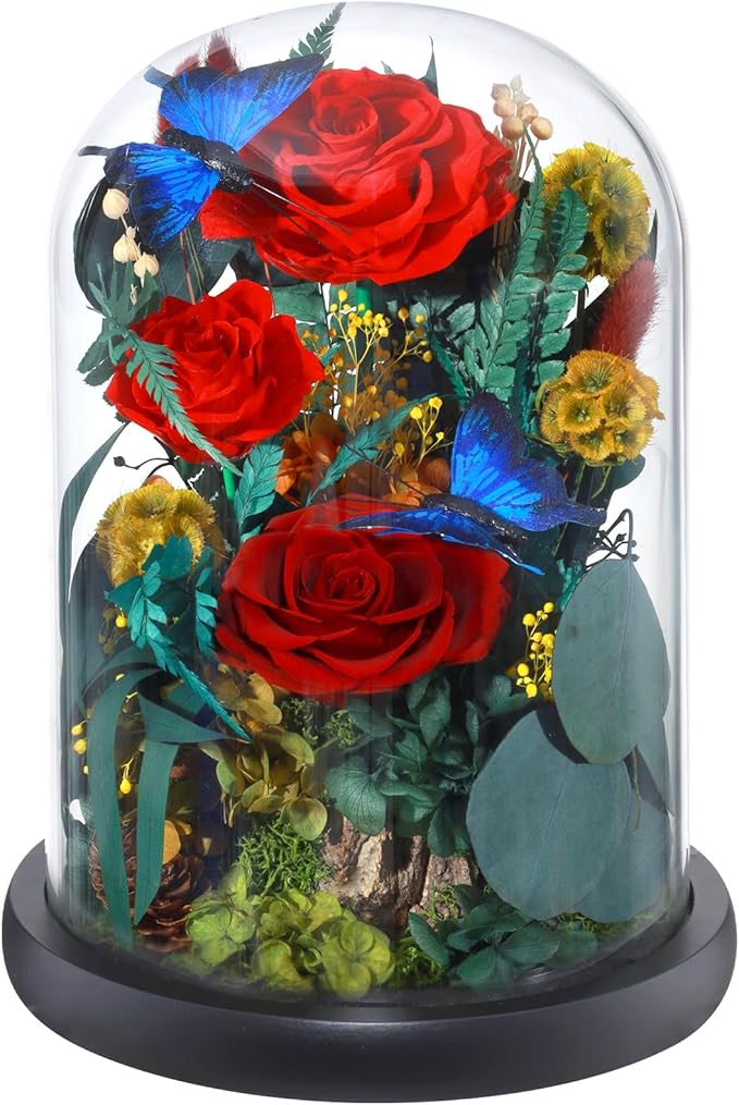 Preserved Rose with Butterfly, LED Forever Flowers in Glass Dome, Eternal Flowe for Women, Birthday Gifts for Mom Friend, Includes Greeting Card & Luxury Gift Box (Red)