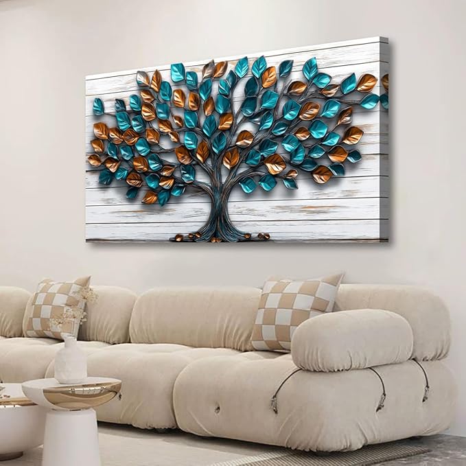 Tree Nature Wall Art Bedroom Abstract Wall Decor Living Room,Tree of Life Canvas Wall Art Office Farmhouse Paintings Artwork Modern Teal Golden Leaves Wall Art Prints Pictures 20 * 40inch
