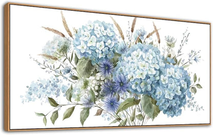 VEAEE Framed Flowers Canvas Wall Art - Blue Floral Canvas Pictures, Living Room Wall Decor, Blue Hydrangea Botanical Canvas Prints Painting Abstract Artwork Bedroom Office Home Decor 24"x 48"